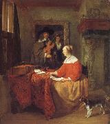 A Woman Seated at a Table and a Man Tuning a Violin